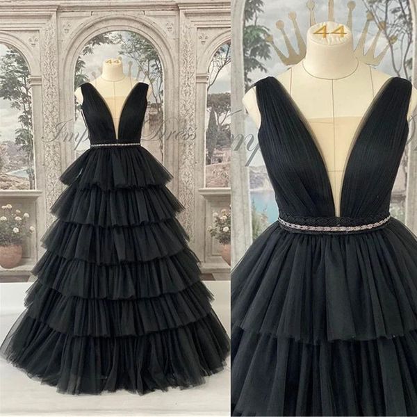 

2023 black gothic wedding dresses bridal gown deep v neck sleeveless beaded tiered tulle a line floor length custom plus size country beach, White