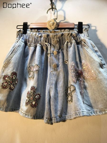 

women's shorts heavy industry beads diamond bow high waist slimming denim summer casual allmatching wide leg pants 230308, White;black