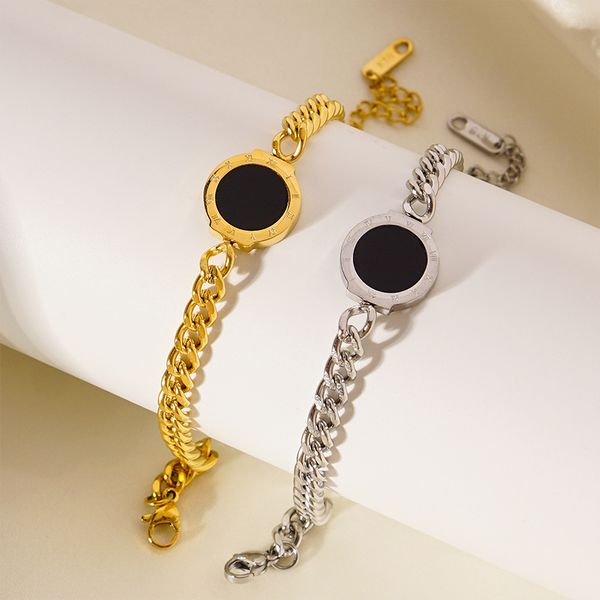 

Black and white double-sided Roman numeral plate bracelet women's titanium steel Cuban chain thick bracelet jewelry