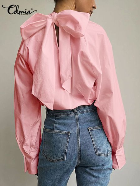 

women's blouses shirts celmia elegant bowknot blouses women fashion stand collar party shirt autumn casual pleated solid long sleeve t, White