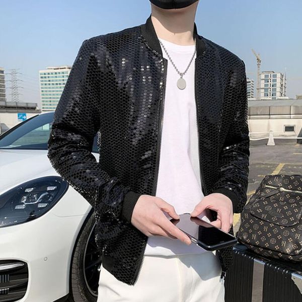 

men s jackets spring sequined bomber jacket men long sleeve glitter zipper thin coat hip hop loose night club stage streetwear coats 230307, Black;brown