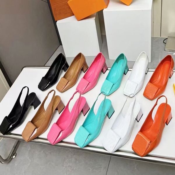 

dress shoes designer shoe bright paint leather thick heel high heels square metal buckle sandals vogue letter women sandal high heeled boat, Black