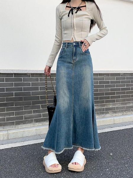 

skirts guuzyuviz casual loose tassel long women denim skirts autumn winter vintage high waist pocket female jeans skirts 230308, Black