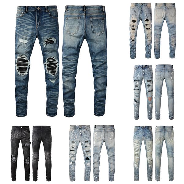 

designer mens mens jeans paige amirs fashion skinny straight slim non-elastic ripped jeans design pants knee tear mens tight size 28-40 long, Blue
