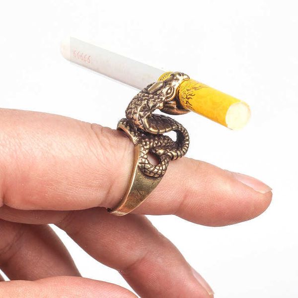 

retro curved short snake clip cigarette mouthpiece opening adjustable size ring men's pipe cool jewelry, Silver