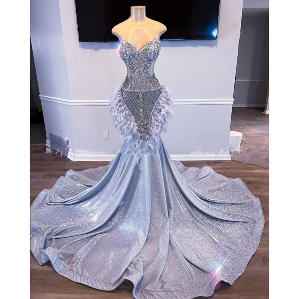 

new silver mermaid prom dresses 2023 beads feathers glitter crystals luxury formal party evening dress robe de bal gowns, Black
