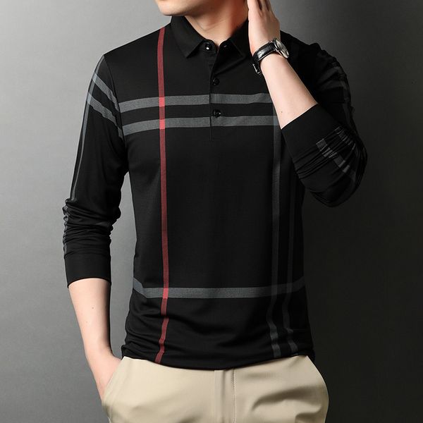 

men's polos high end designer fashion brand polo shirt men black striped korean casual long sleeve men clothes 230308, White;black