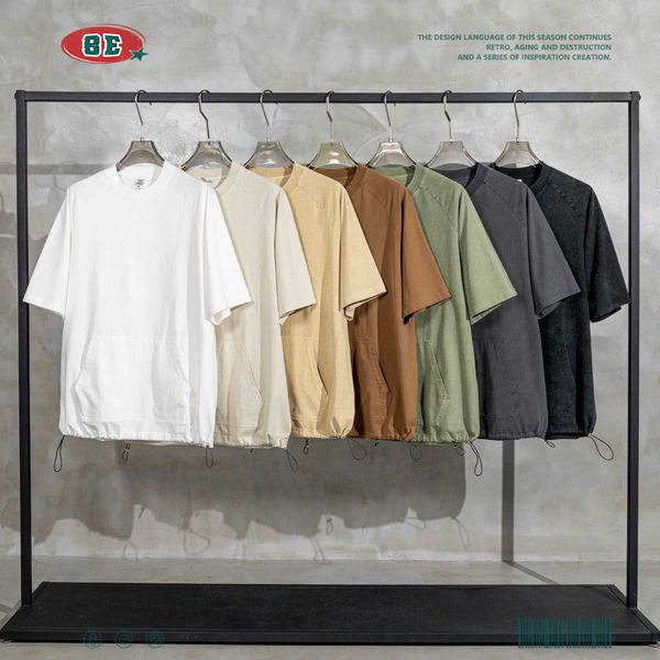 

be men's wear | spring/summer washable raglan pocket short sleeve drawcord american street fashion t-shirt men, Black;white