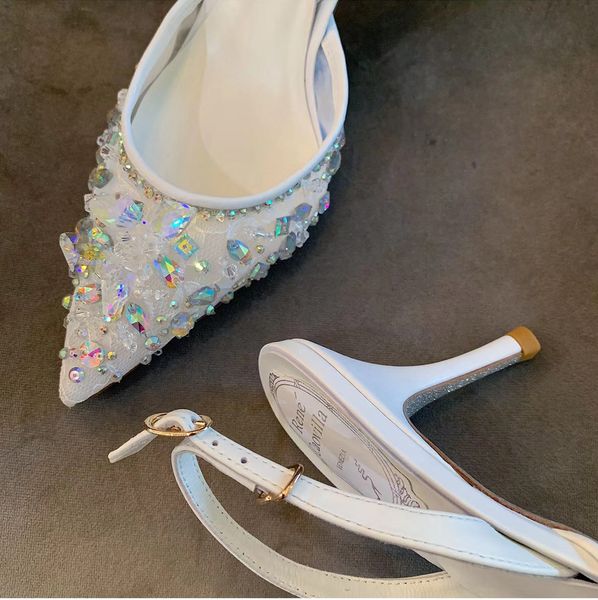 

rene caovilla slingbacks dress shoes high heels crystal mesh lace sandals designer fashion women pointed toe wedding shoes 7.5cm rear void k, Black