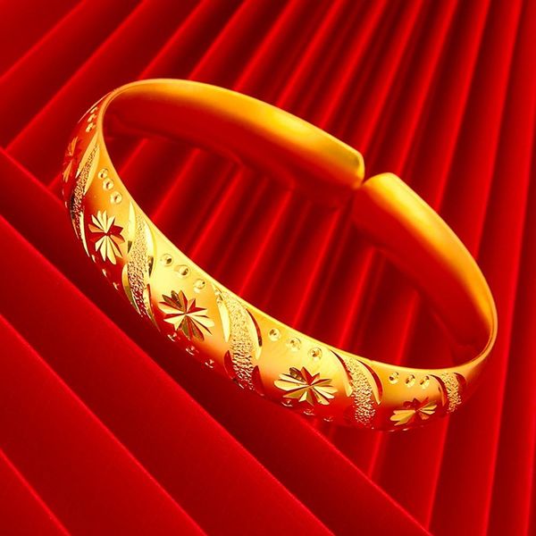 

women cuff bangle snowflower pattern wedding engagement classic jewelry bracelet solid real 18k yellow gold filled lady gift, Black