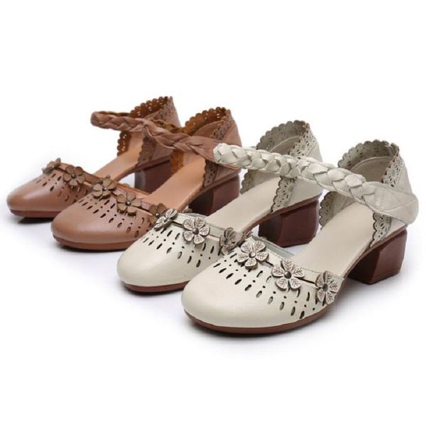 

2023 summer women's genuine leather sandals woman retro hollow out sandals female hook & loop heels ladies platform sandal d2a39, Black