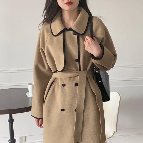 

women's wool blends long coat women winter korean contrast color hemming doublebreasted lapel loose laceup doublefaced woolen cloth 230, Black
