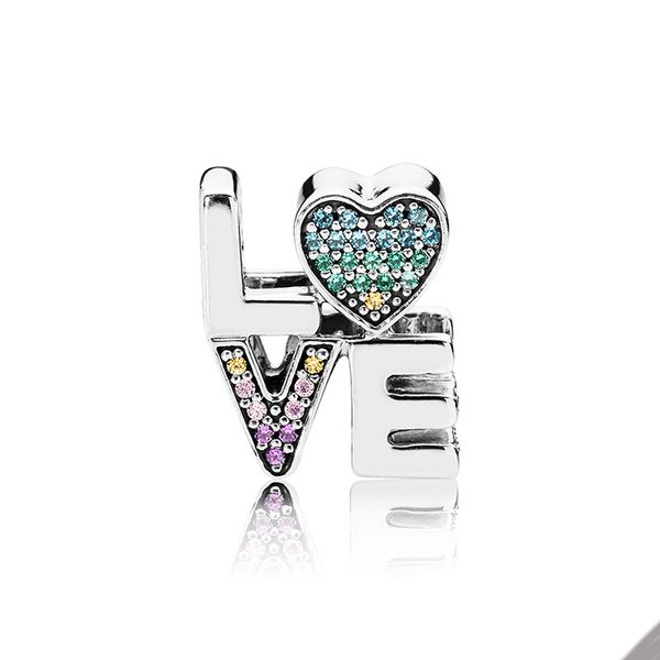

rainbow pave love charm real sterling silver for pandora snake chain bracelet bangle making charms women designer jewelry letter beads with, Bronze;silver