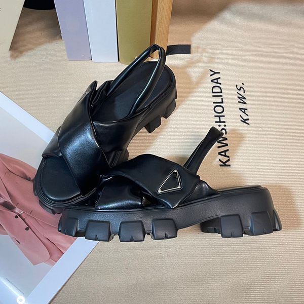 

new designer sandals shoes rubber thick soled gear hollow silver triangle ladies casual pillow heightening buckle roman tide outdoor beach s, Black
