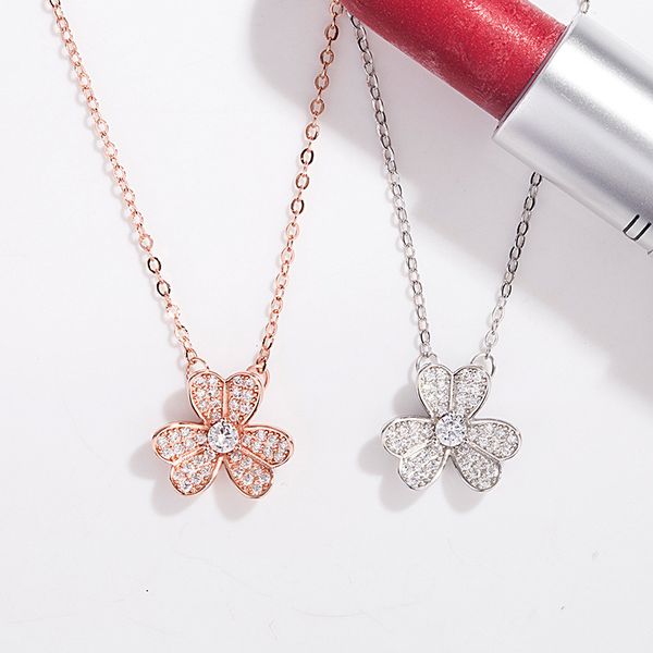 

s925 sterling silver three-petal flower necklace original buckle full drill light luxury clover flower tanabata valentine's day gift