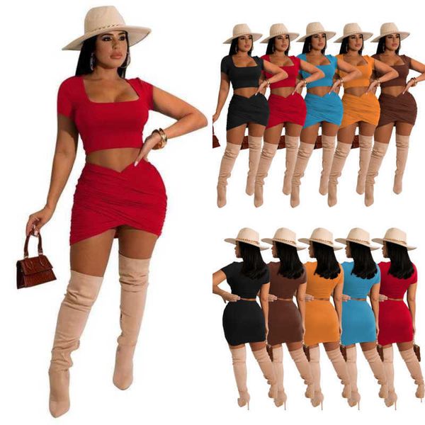 

2023 new style summer women clothing tracksuits dresses two piece sets scoop neck short sleeve t-shirt skirt outfits, Gray