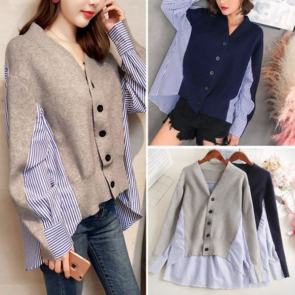 

women's knits tees spring and autumn long sleeve striped shirt stitched knitted cardigan women's loose lazy style vneck sweater th, White