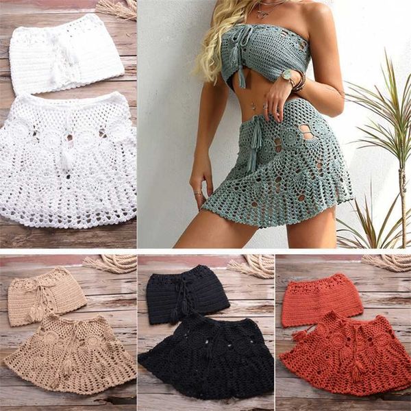 

knitted hollow out women's strapless bikini split swimsuit set, White;black