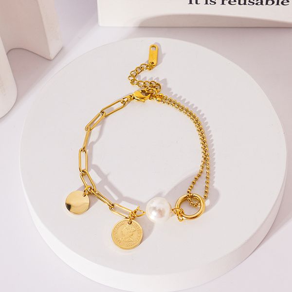 

figure hangtag sequin mother shell pearl bracelet female titanium steel double-layer bead chain temperament simple hand jewelry wholesale, Golden;silver