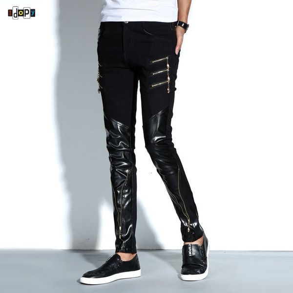 

women's pants s fashion men's night club dj skinny patchwork pu leather with zippers punk style black trousers for men 230308, Black;white