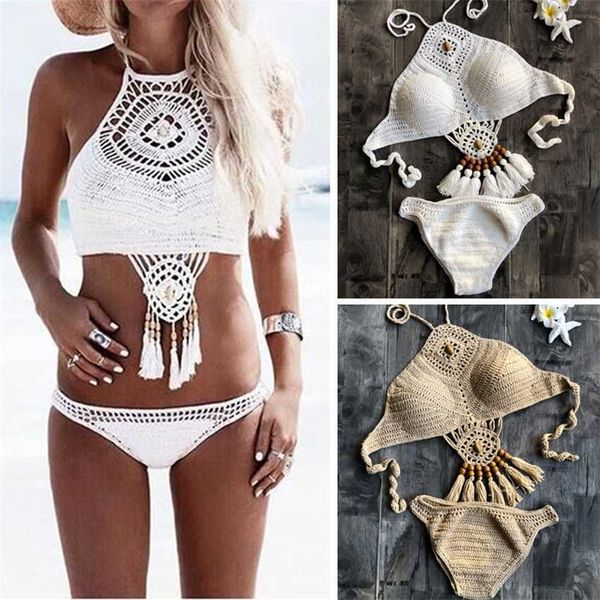 

2018 lace hollow bikini women's hand-knitted split swimwear, White;black