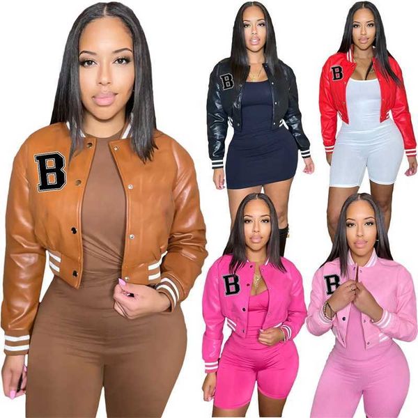 

women clothing fashion jacket single breasted baseball coat ladies color contrast threaded leather sweater, Black;brown