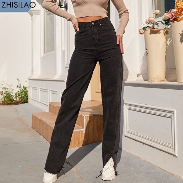 

women's jeans zhisilao black straight jeans women boyfriend split fork wide leg denim pants streetwear high waist mom jeans 230308, Blue