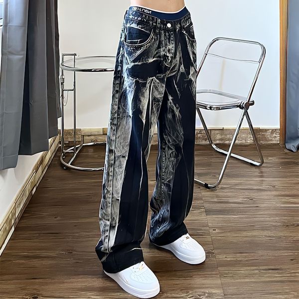 

women's jeans baggy black jean tie dye washed straight wide leg pants high waist goth vintage streetwear denim casual hippie trousers 2, Blue