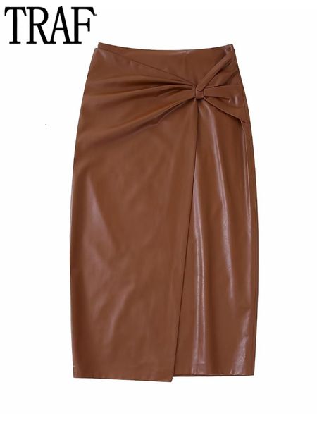 

skirts traf faux leather skirt women brown pleated long skirts for women autumn high waist midi skirts womens slit woman skirt 230308, Black