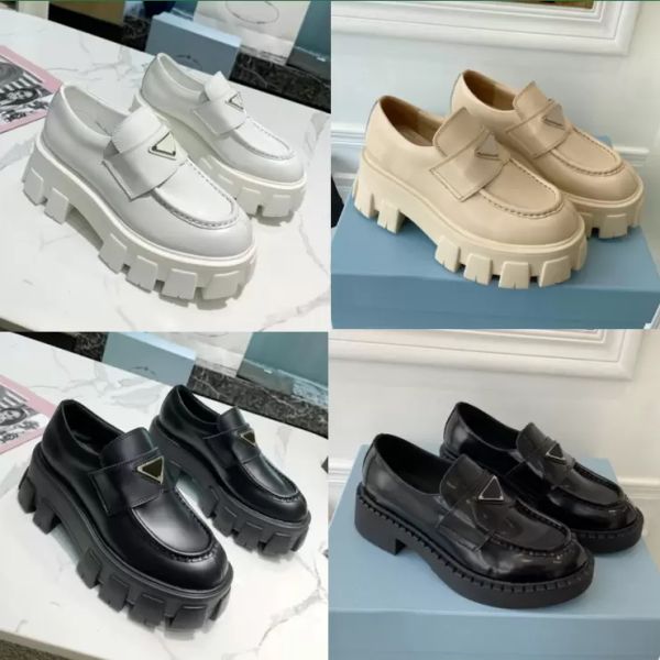 

with box prad shoes designer shoes soft cowhide loafers men women rubber platform sneakers black shiny leather chunky round head sneaker ui