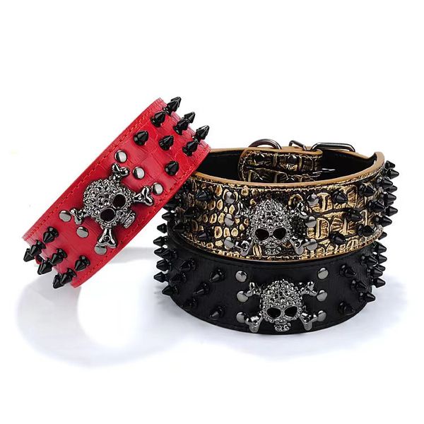 

designer dog black gold tie nail dog collar skull rivet pet collar anti bite dog spiked studded large chain traction cat harness and leash