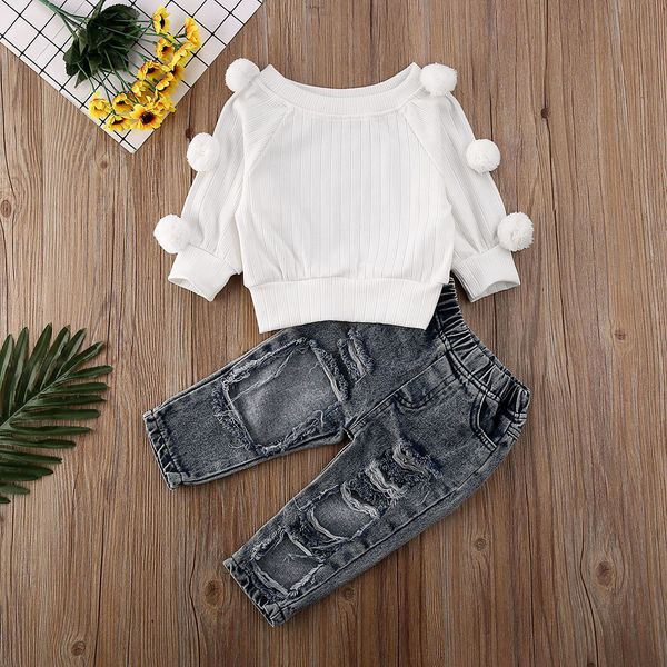 

clothing sets 1-5y kids girls autumn clothes set baby long sleeve pullover sweaters knitwear ripped denim pant jeans children outfits 23030, White