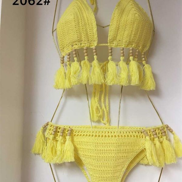 

2023 bikini women's hand hook tassel wood bead split knitted beach swimsuit suit, White;black