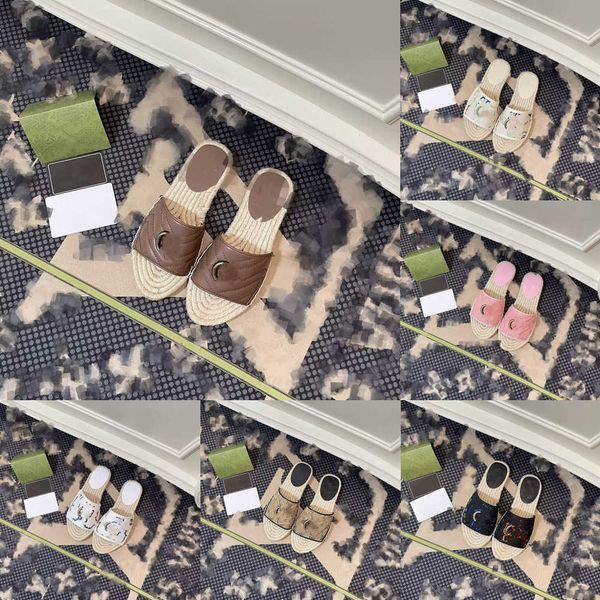 

2023 straw woven designer shoes metal g buckle slippers fisherman slides sandals linen fabric material embroidered lettering fabric lining w, Black