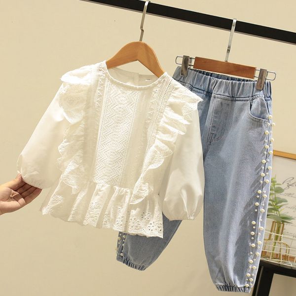 

clothing sets girls fall casual set korean style outfit fashion lace pearl jeans two piece kids party long sleeve cotton suits 230307, White