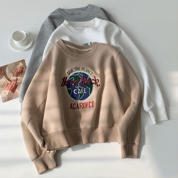 

women's hoodies sweatshirts vintage heavy industry earth embroidery patch bodysuit high waist short pearl cotton loose round neck pullo, Black