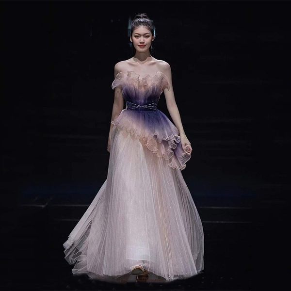 

new gradient purple evening dress a line beading pleated tiered strapless ruffle sequined long tulle prom party homecoming prom gown, Black;red