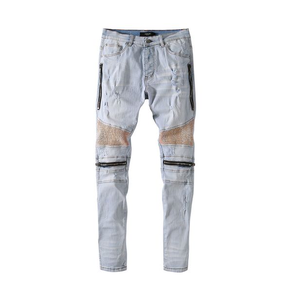 

knee stitching zipper decoration ripped mens jeans vibe high street hiphop high street pants, Blue