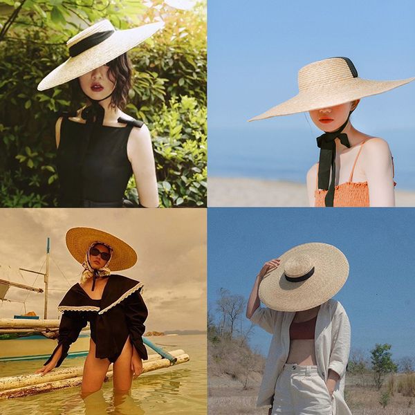 

wide brim hats bucket summer raffia women long ribbon beach hat french style vintage sunscreen big natural wheat straw girl bow cap 230309, Blue;gray