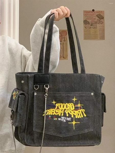 

shoulder bags washed canvas embroidered letters portable retro vintage tote high capacity underarm bag shopping woman