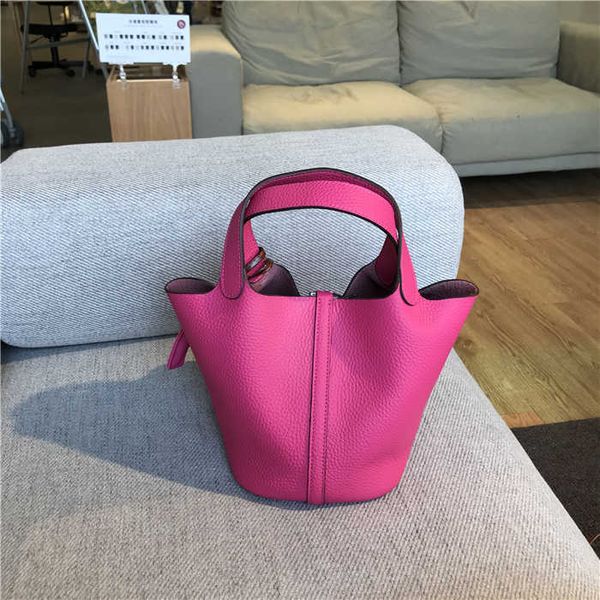 

designer original herms rose red litchi pattern layer cowhide vegetable basket leather handbag casual women's open soft hand