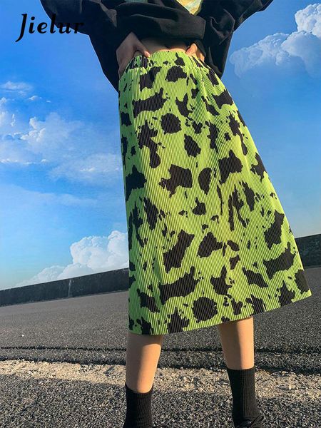 

skirts jielur streetwear green leopard women elastic high waist gothic pleated a line female korean fashion harajuku summer 230309, Black