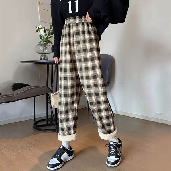 

women's pants capris biyaby winter thicken plaid pants women casual loose warm plush wide leg pants woman harajuku student fleece trous, Black;white