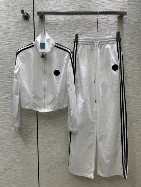 

tracksuits two piece pants chest logo embroidered stripe embellished long-sleeved casual jacket match high waist straight casual trousers wo, White