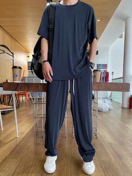 

men s polos elastic silky casual two piece set straight pleated sports pants summer thin section handsome drape mens clothing suit 230308, White;black