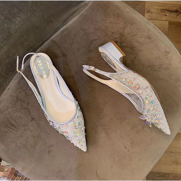 

shoes rene fashion dress rene caovilla designer women ankle strap low heel back empty mesh lace luxury crystal decoration factory shoe, Black