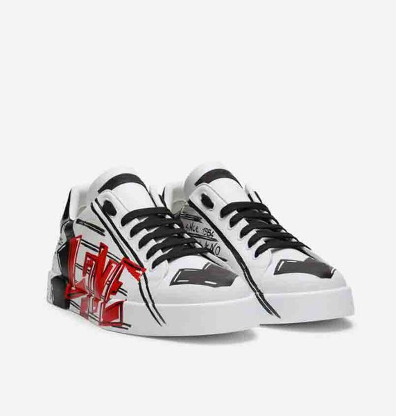 

white genuine leather mens casual shoes portofino love graffiti lace up flats platform low trainers runner trainers technical couple size35-, Black
