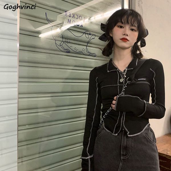 

women s t shirt t shirt korean style trendy design slim cropped black turn down collar long sleeve knitted patchwork street motor 230308, White