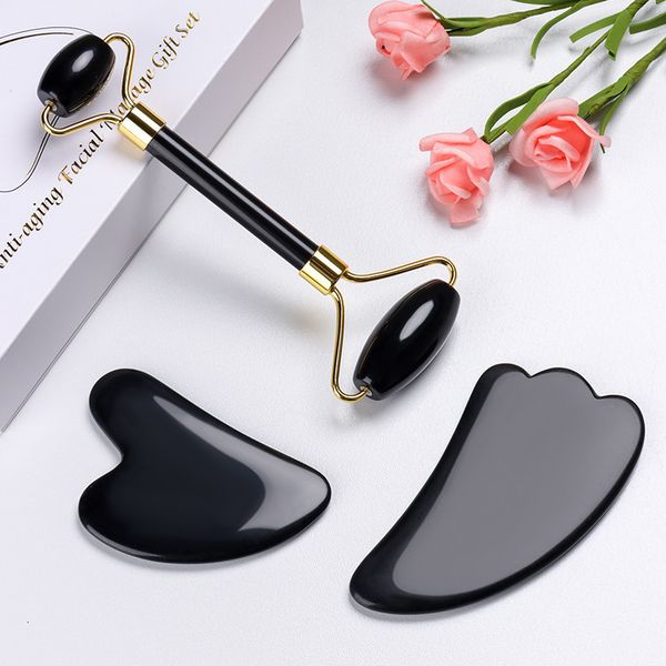 

face care devices natural black obsidian jade roller body massager stone gua sha board scraper lifting beauty massage tool 230309