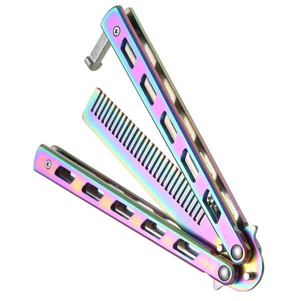 

rainbow hair foldable comb stainless steel practice training butterfly knife comb beard & moustache brushes hairdressing styling t207d, Silver